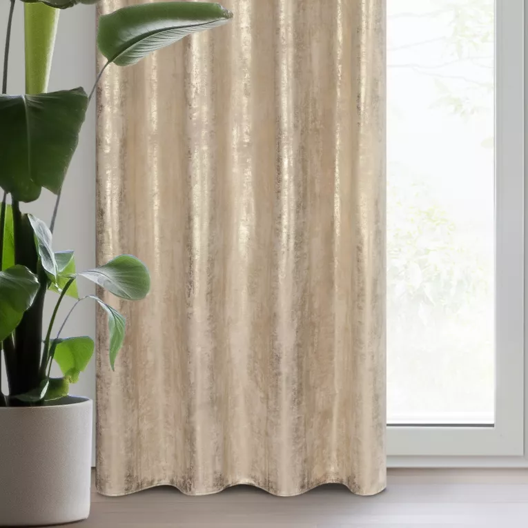 Zasłona welwetowa beżowo, szampańska zdobiona przecieranym wzorem 140x250 cm przelotka - RENIA