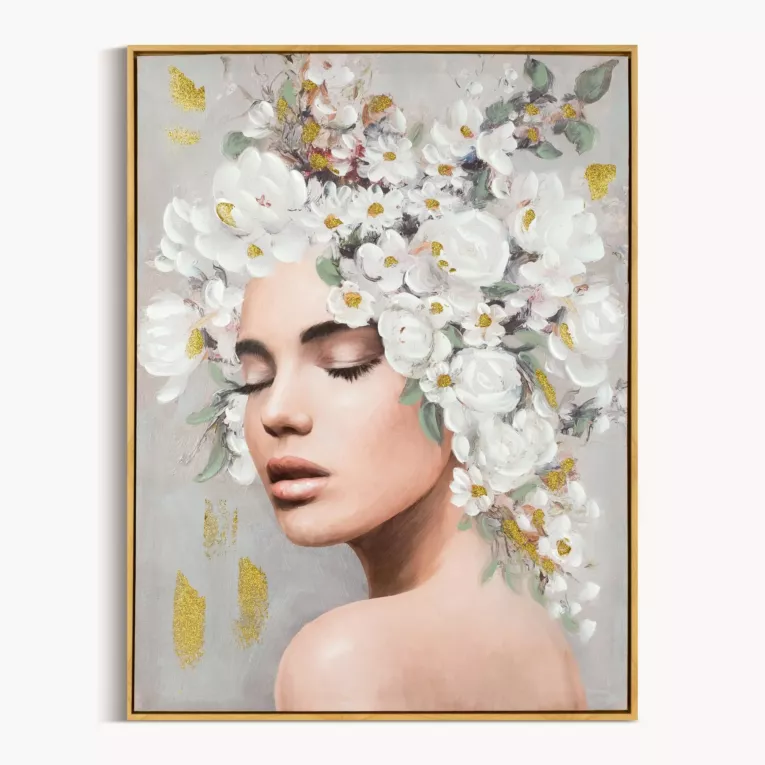 Obraz STELLA portret kobiety w nakryciu głowy z kwiatów ręcznie malowany na płótnie w ramie