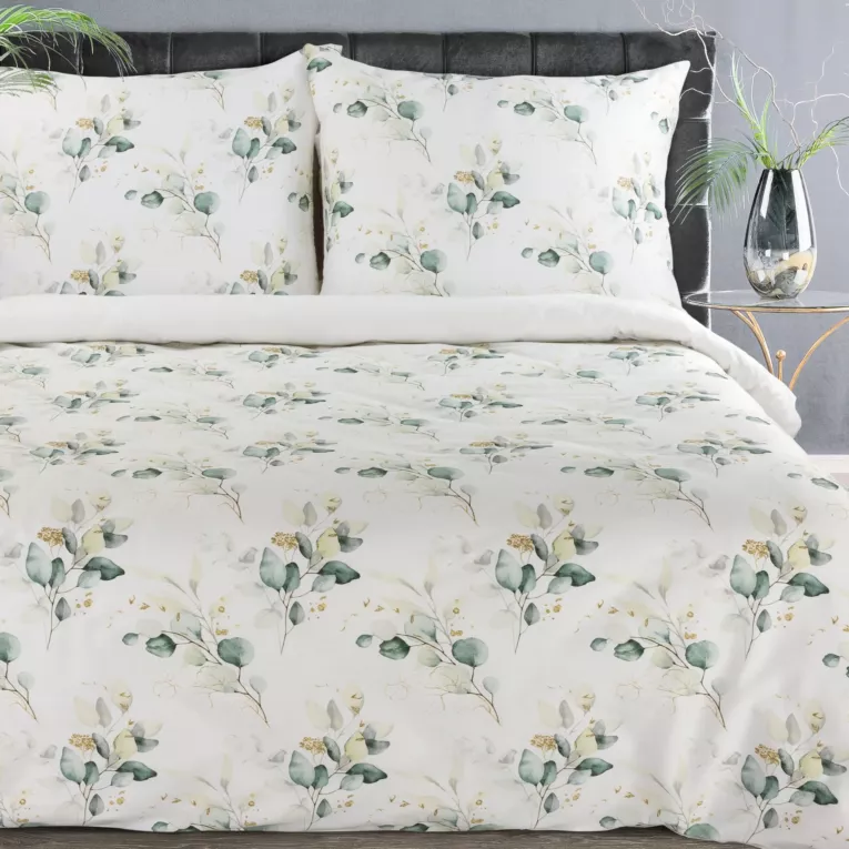 Pościel 220x200 cm bawełniana kolor biały, zielony zdobiona nadrukiem liści DIVA