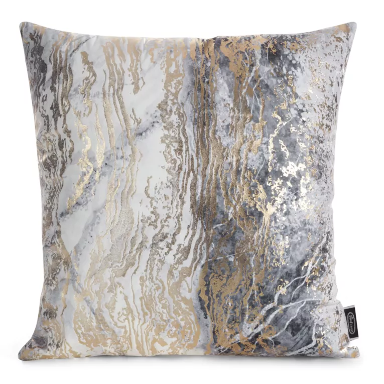 Poszewka na poduszkę 45x45 cm welwetowa, srebrna zdobiona przecieranym metalicznym nadrukiem SOFI