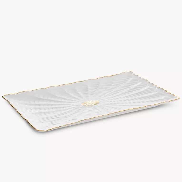 Patera ceramiczna dekoracyjna kremowo-złota  z wypukłym wzorem 32x19x3 cm GAIA