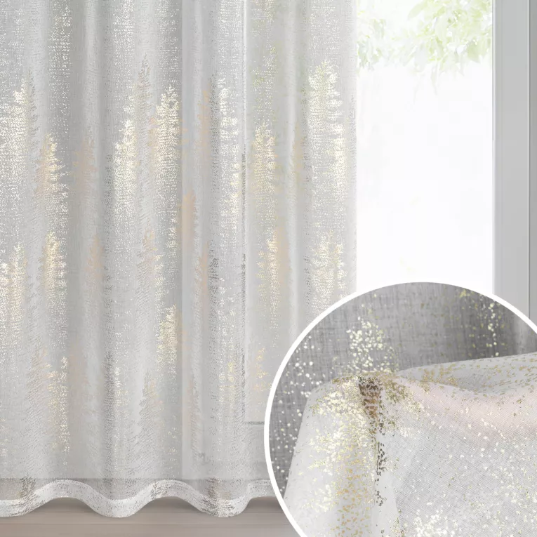 Firana świąteczna biało, złota zdobiona subtelnymi choinkami 140x250 cm szampańska przelotka - ELSA