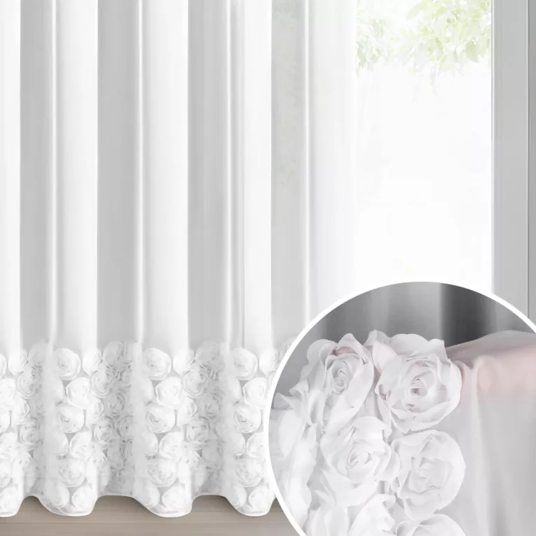 Firana biała z szyfonu zdobiona aplikacją 3D w róże 350x250 cm przelotka - ROSES - Eva Minge