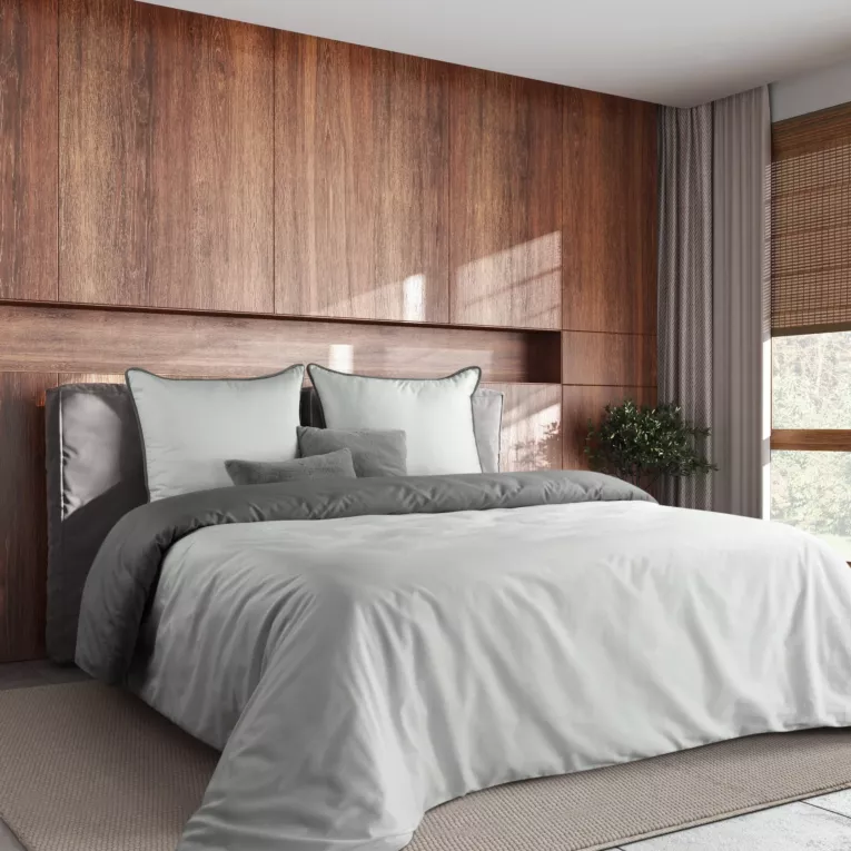 Pościel 220x200 cm z makosatyny bawełnianej kolor biały, stalowy dwustronna z sznurem dekoracyjnym na brzegach Eurofirany Premium