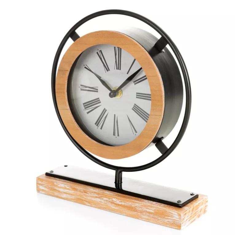 Dekoracyjny zegar stołowy łączący drewno i metal