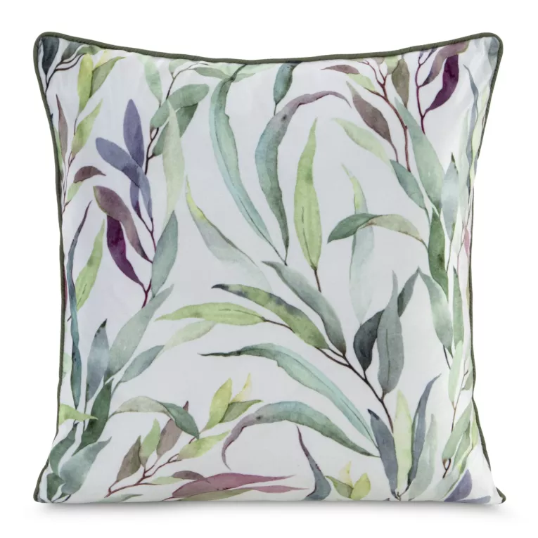 Poszewka na poduszkę 45x45 cm welwetowa, kremowo zielona z motywem liści szałwii VELVET 77 Eurofirany Premium