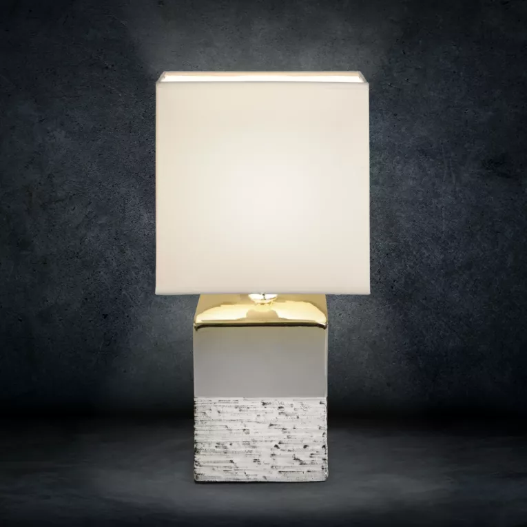 Lampka stołowa BRENDA na dwukolorowej ceramicznej podstawie z abażurem z matowej tkaniny