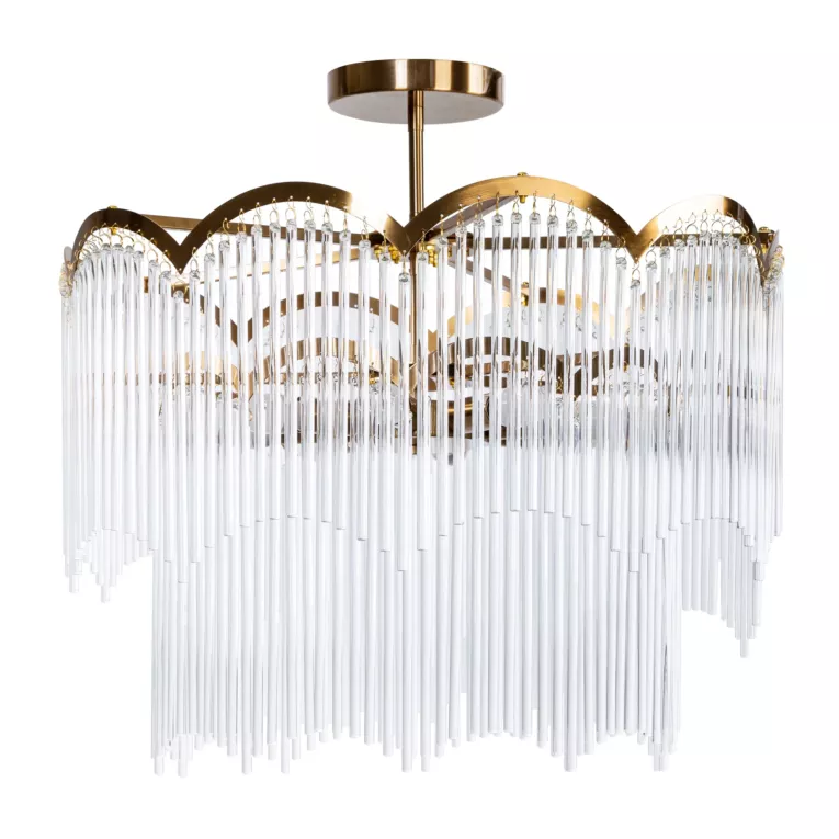 Lampa wisząca do salonu biało, złota SALMA zdobiona zwisającymi szklanymi sopelkami