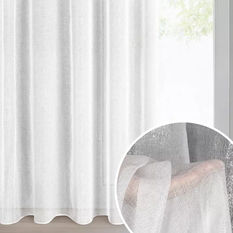 Firana biało, srebrna z etaminy zdobiona nakrapianym błyszczącym wzorem 140x270 cm taśma LUCILA