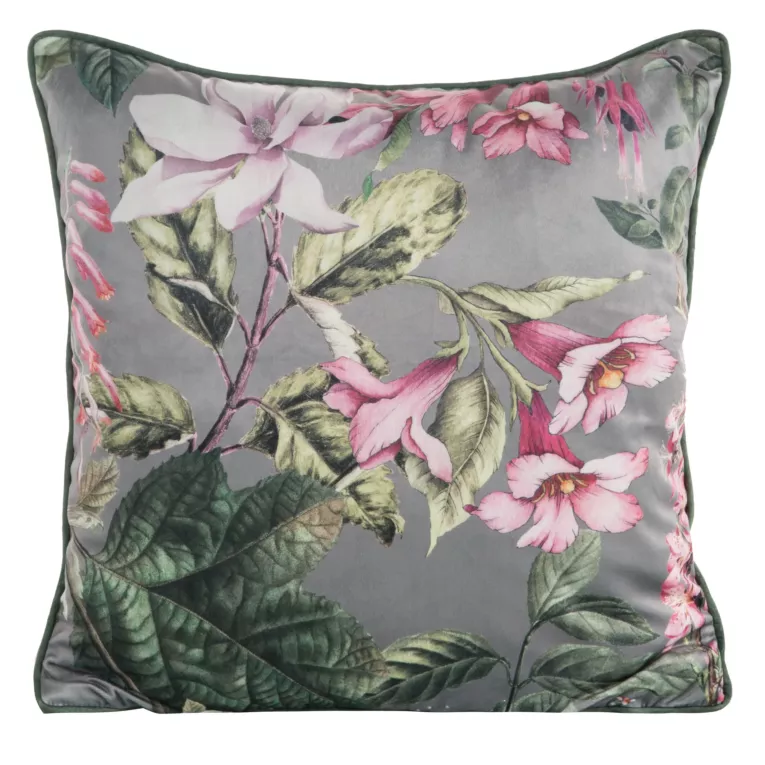 Poszewka na poduszkę 45x45 cm welwetowa, stalowo różowa z motywem malarskich kwiatów i estetyczną lamówką VELVET 108