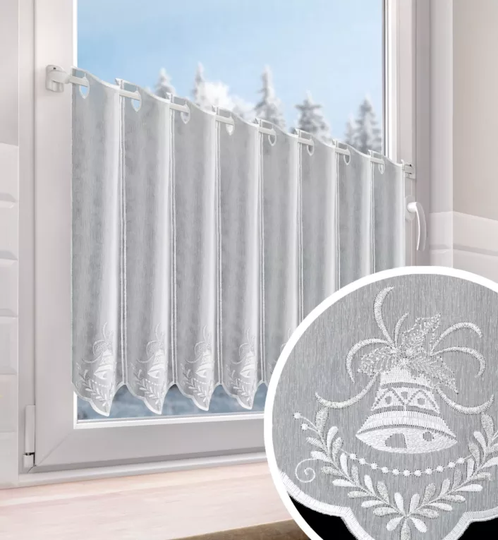 Tkanina firanowa zazdrostka z etaminy zdobiona świątecznym haftem dzwoneczków