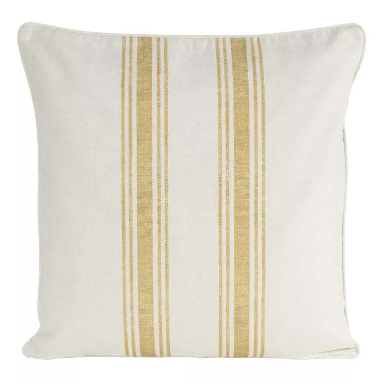 Poszewka na poduszkę 50x50 cm bawełniana z dodatkiem lnu kremowo, żółta zdobiona subtelnym nadrukiem pasów  LEN