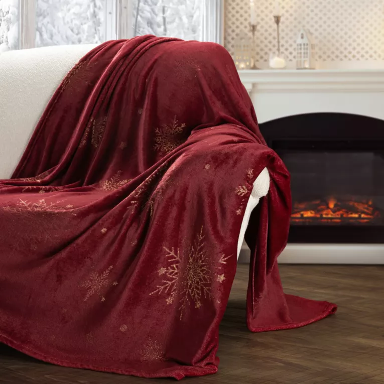 Koc świąteczny 150x200 cm bordowy, złoty zdobiony nadrukiem śnieżynek
