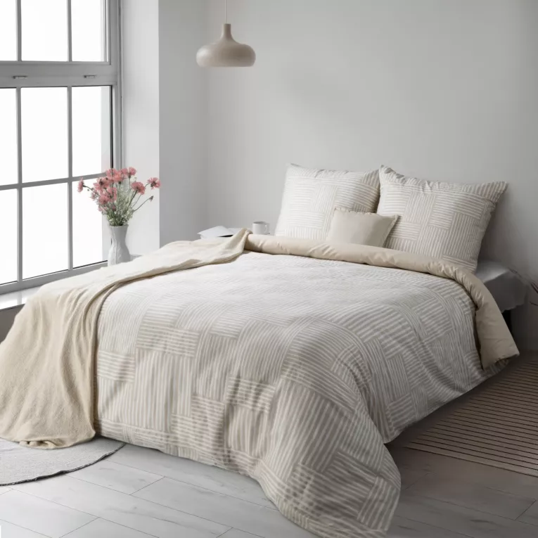 Pościel 220x200 cm komplet 3 częściowy satyna bawełniana kolor biało, beżowy z geometrycznym motywem SPRING 80