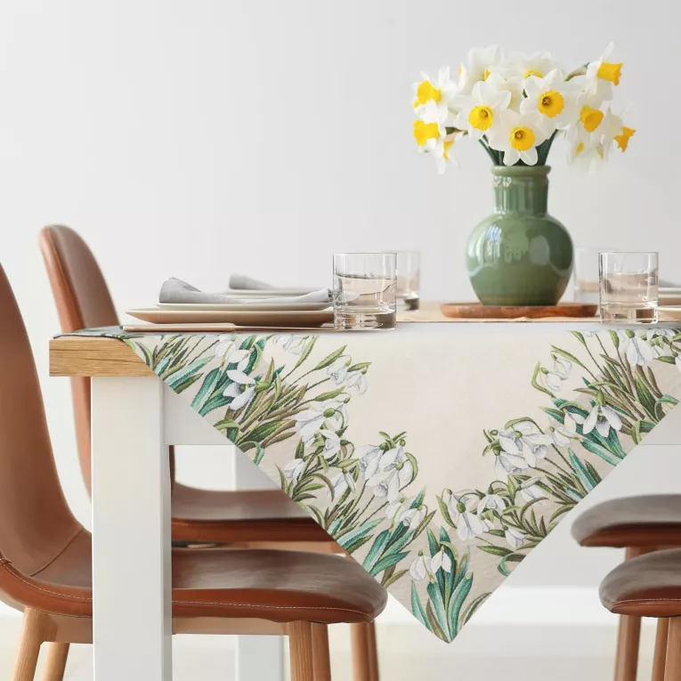 Obrus na stół naturalno, biały 100x100 cm gobelinowy z motywem przebiśniegów