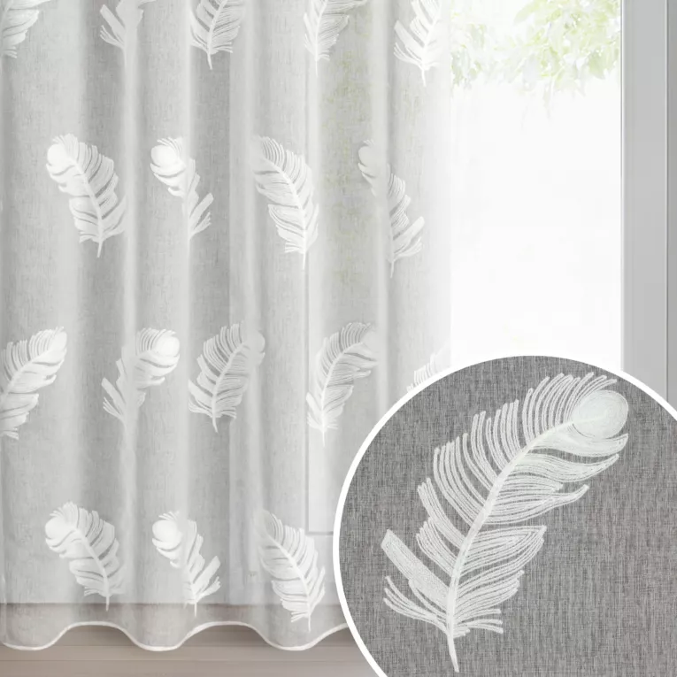 Firana biała z etaminy zdobiona haftem piór 140x250 cm przelotka - LIRENA