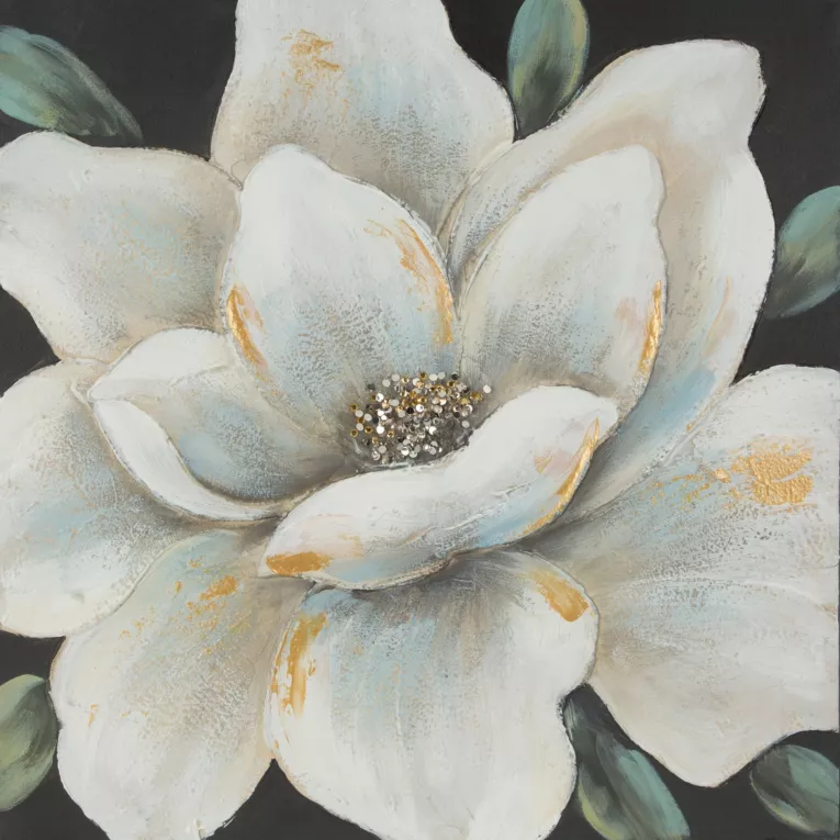 Obraz MAGNOLIA ręcznie malowany na płótnie kwiat magnolii z błyszczącymi kryształkami i złotymi refleksami