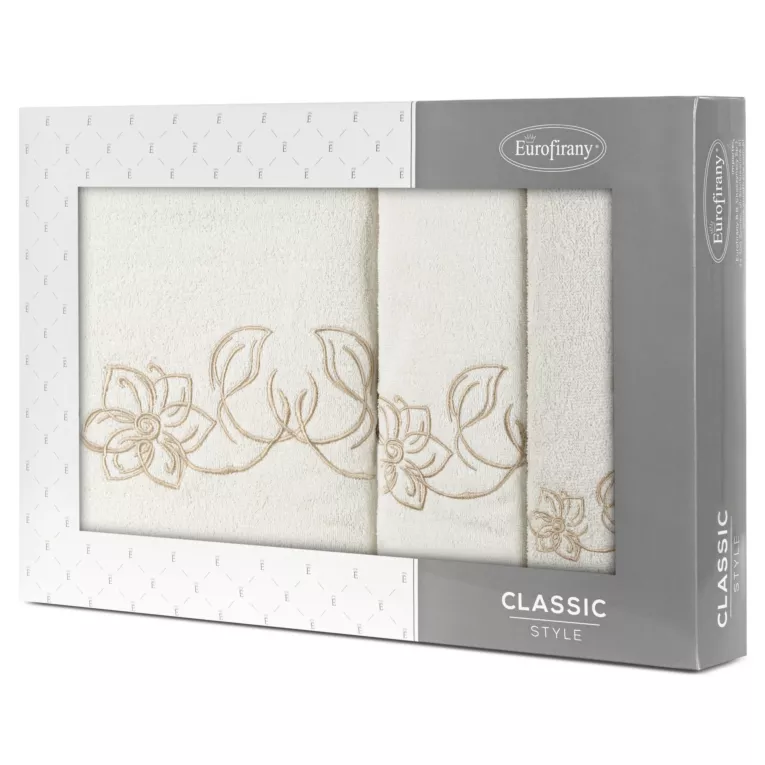 Zestaw ręczników bawełnianych na prezent 3 szt kolor kremowy, beżowy z haftem uroczych kwiatów 400 g/m2 LILA