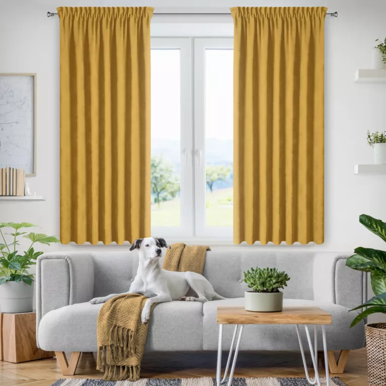 Zasłona musztardowa z tkaniny welurowej 140x120 cm taśma - Dora