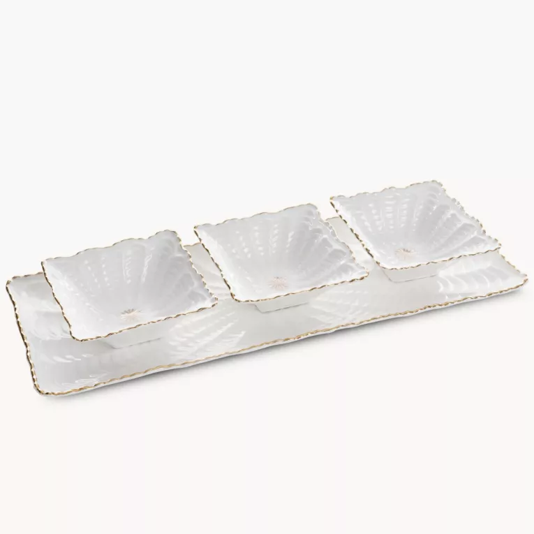 Patera ceramiczna dekoracyjna kremowo-złota z trzema miseczkami zdobiona wypukłym wzorem 42x16x2 cm GAIA