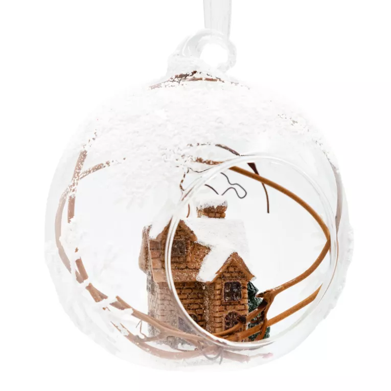 Szklana bombka choinkowa z transparentnego szkła zdobiona figurką domku