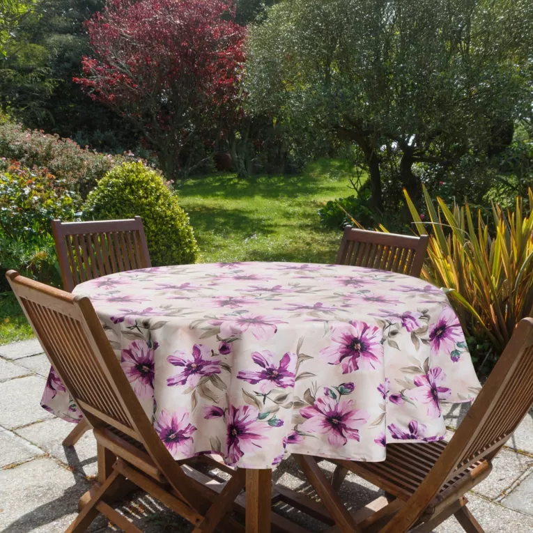Obrus okrągły kremowo, różowy średnica 150 cm wodoodporny GARDEN na taras oraz balkon