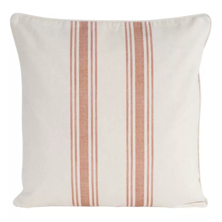 Poszewka na poduszkę 50x50 cm bawełniana z dodatkiem lnu zdobiona subtelnym nadrukiem pasów kremowo, ciemnobeżowa LEN