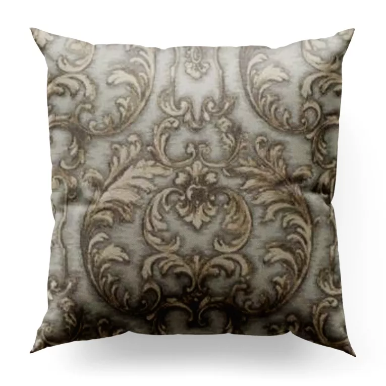 Poszewka szyta popielato beżowa z miękkiej tkaniny w roślinno ornamentowy wzór