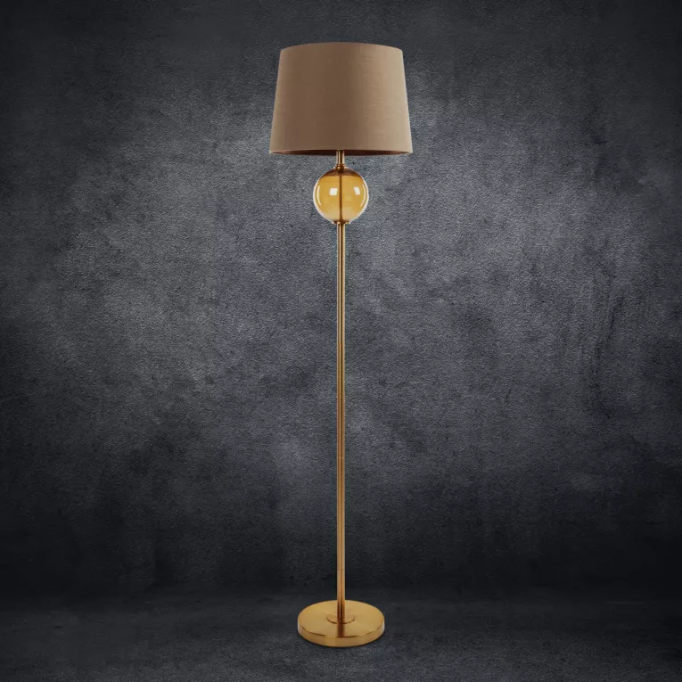 Lampa stojąca do pokoju ciemnobrązowo, złota LEONA z matowym abażurem o widocznym splocie