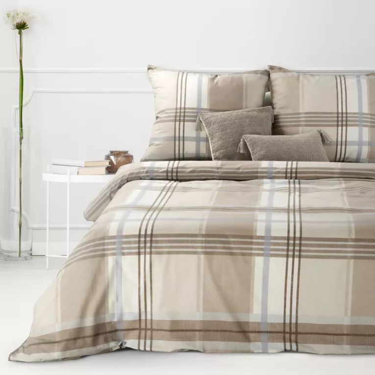 Pościel 160x200 cm bawełniana kolor beżowy, jasnobrązowy w elegancką kratę SARA 2
