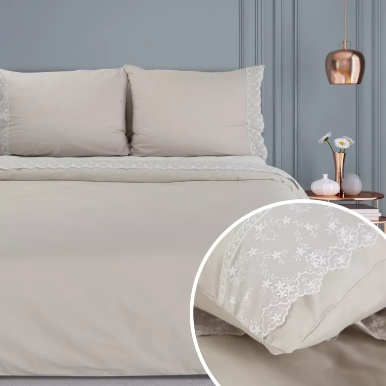 Pościel 160x200 cm komplet 3 częściowy z bawełny ranforce kolor beżowy zdobiona koronką REINA 27