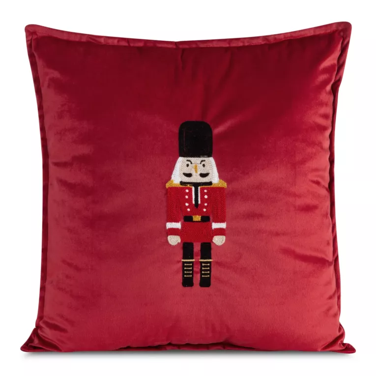 Poszewka na poduszkę 45x45 cm welwetowa kolor czerwony z haftem z motywem dziadka do orzechów