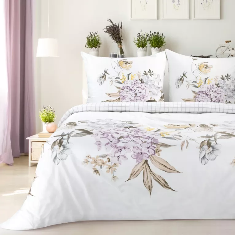 Pościel 220x200 cm z satyny bawełnianej kolor biały, fioletowy z wzorem kwiatowym ELLA 16 w kwiaty
