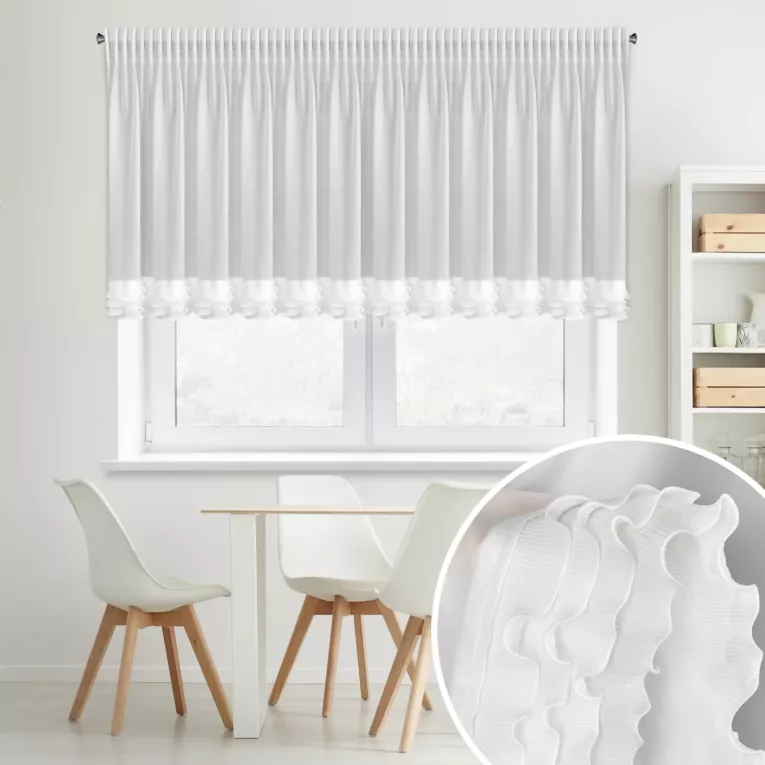 Firana biała z szyfonu zdobiona falbanką  400x80 cm taśma - LUISA