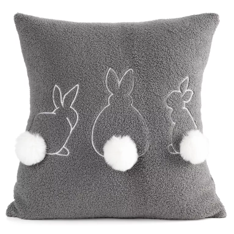 Poszewka na poduszkę 45x45 cm z tkaniny typu bukla stalowo, biała z uroczym haftem z pomponami WIOSNA 36