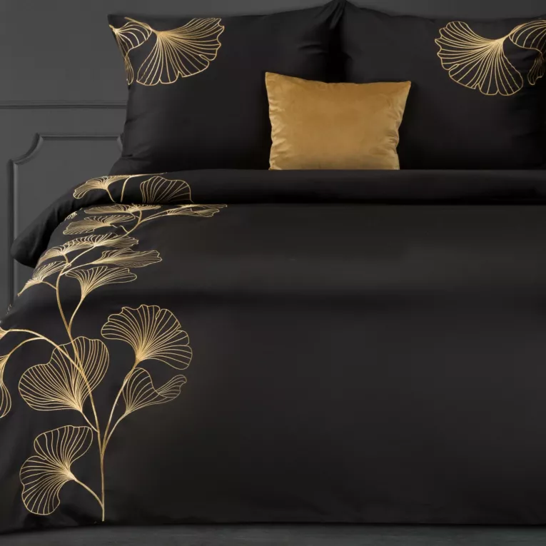 Pościel 220x200 cm z satyny bawełnianej kolor czarny haftowana w złote liście miłorzębu HAFT 2 Eurofirany Premium