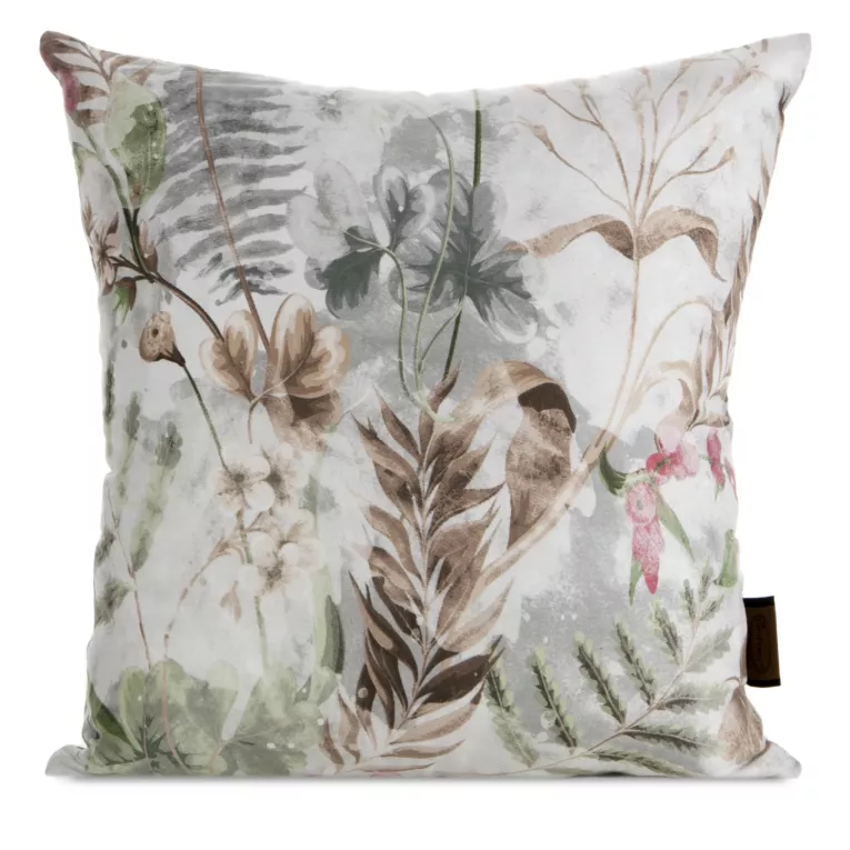 Poszewka na poduszkę 40x40 cm z satyny bawełnianej biało, brązowa zdobiona nadrukiem roślinnym SPRING 47