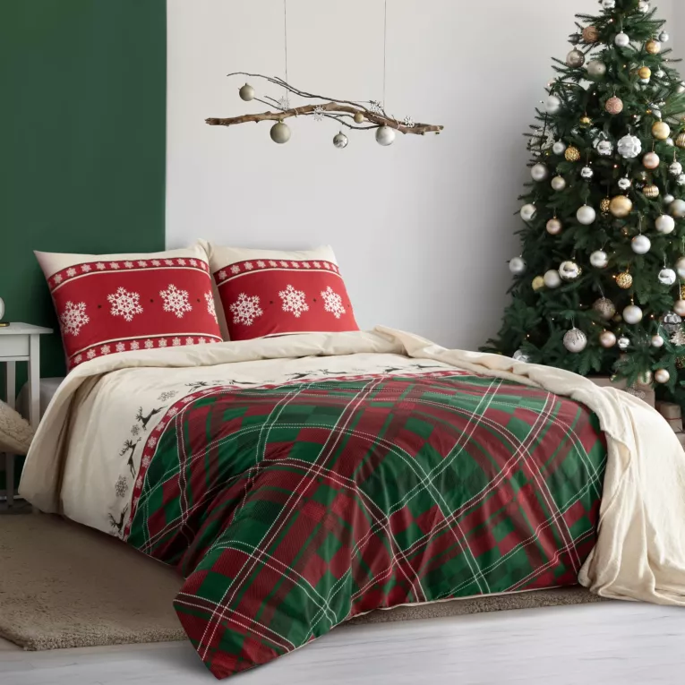 Pościel świąteczna 160x200 cm bawełna ranforce  kolor czerwony, zielony zdobiony nadrukiem kraty AUSTIN