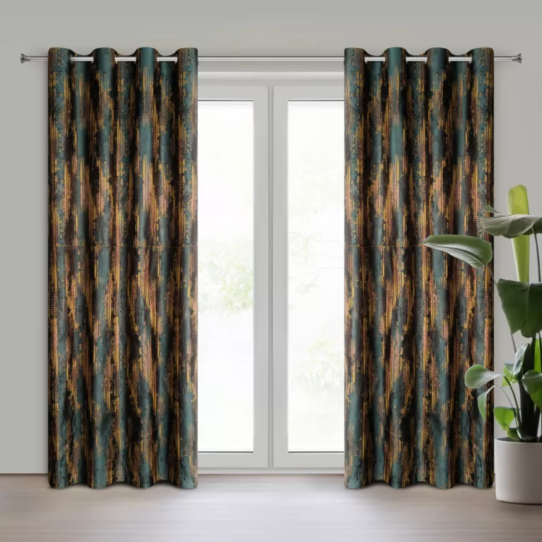 Komplet zasłon 2 szt turkusowo, miedziany z nowoczesnym nadrukiem i antycznymi przelotkami 130x260 cm