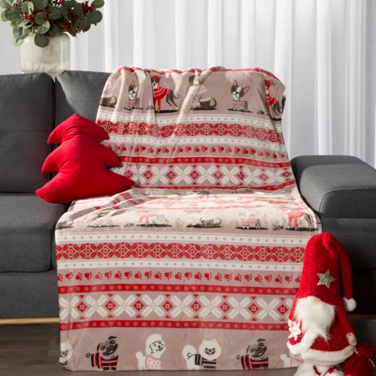 Koc 150x200 cm beżowo, czerwony z motywem świątecznych piesków