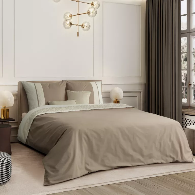 Pościel 160x200 cm z bawełny ranforce kolor beżowy, kremowy zdobiona ornamentowym haftem REINA26A