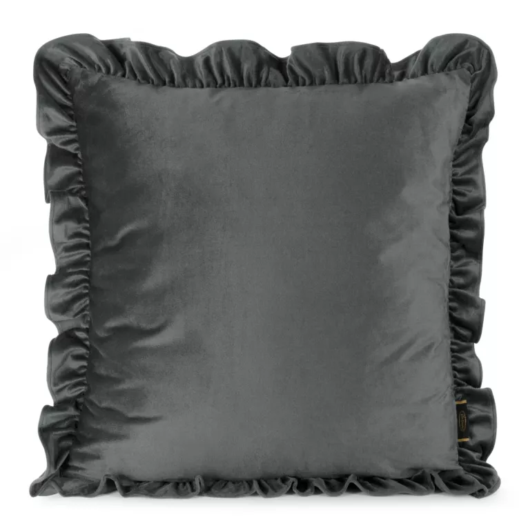Poszewka na poduszkę 45x45 cm z aksamitnego welwetu stalowa zdobiona na brzegach falbanami BRENDA Eurofirany Premium