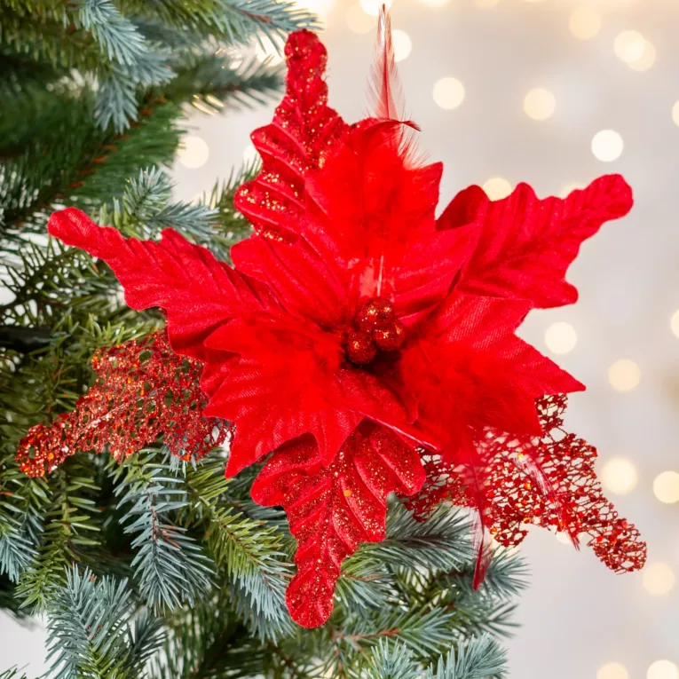 Świąteczny kwiat dekoracyjny z welwetowej tkaniny i dodatkiem lśniących drobinek