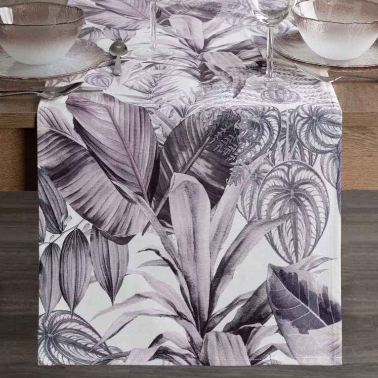 Bieżnik na stół biało, fioletowy 40x140 cm welwetowy DAVOS zdobiony nadrukiem egzotycznych liści DESIGN 91