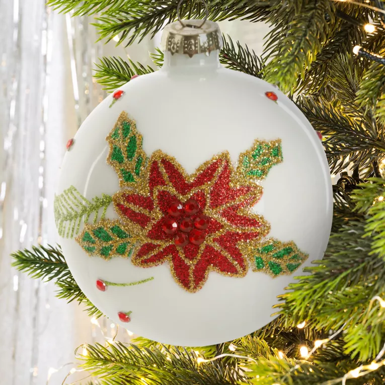 Bombka szklana ręcznie zdobiona świątecznym brokatowym wzorem i kryształkami