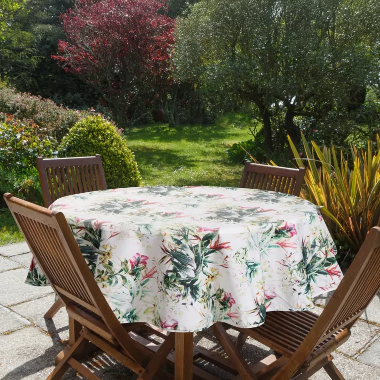 Obrus okrągły biało, zielony średnica 150 cm wodoodporny GARDEN na taras oraz balkon