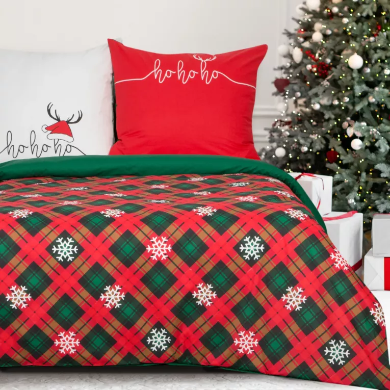 Pościel świąteczna 140x200 cm bawełniana kolor czerwony, zielony z motywem kraty KARMEN