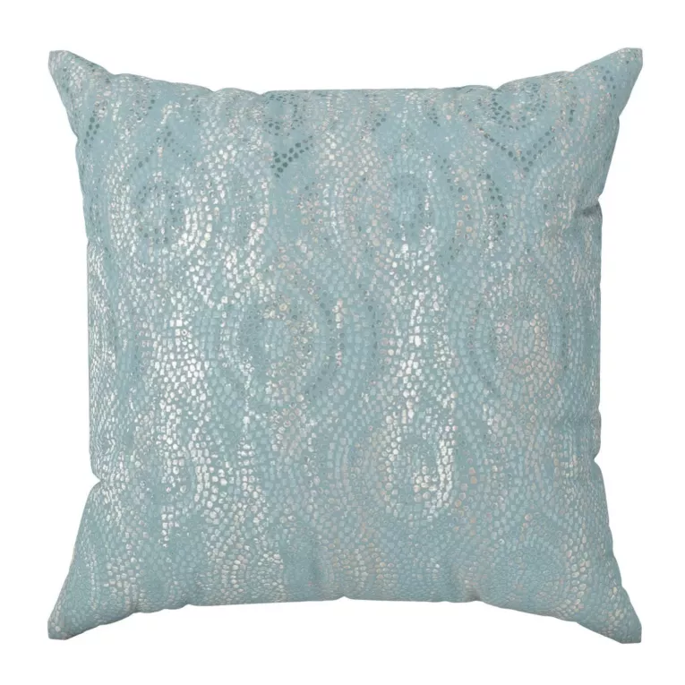 Poszewka szyta niebiesko złocista z grubej, welwetowej tkaniny z geometrycznym wzorem, zdobiona delikatnie połyskującym nadrukiem