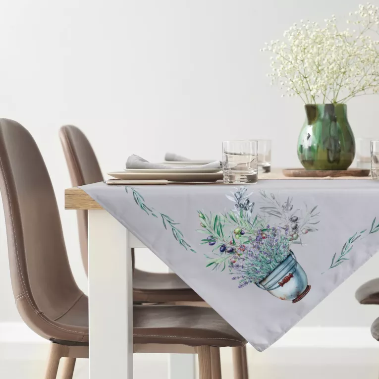 Bieżnik na stół jasnoszaro, fioletowy 85x85 cm SUMMER 1 z nadrukowanym motywem bukietu lawend