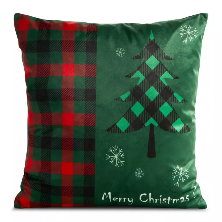 Poszewka na poduszkę 45x45 cm welwetowa, czerwono, zielona zdobiona nadrukiem choinek FENIKS